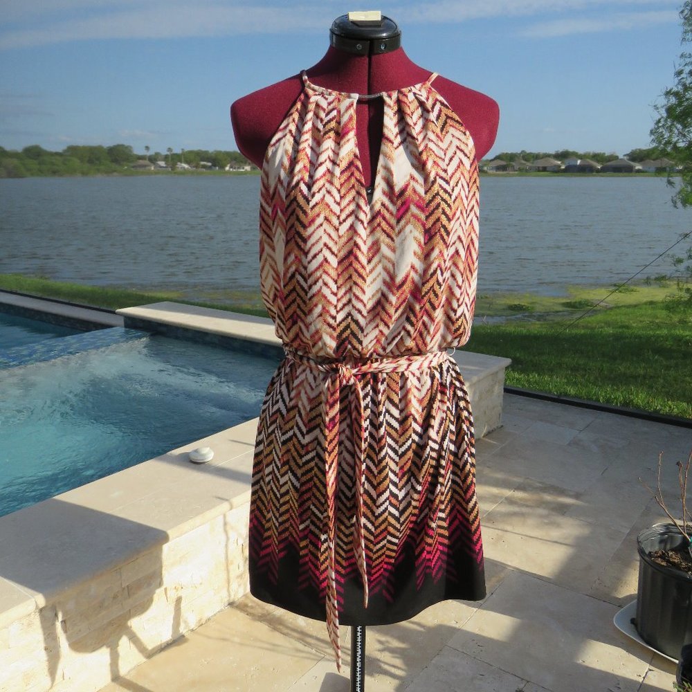 WHBM Chevron Print Sundress Mini Dress Pink Gold Black  Size S